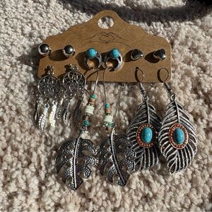 Earrings Set - Turquoise Accent Silver Leaf Dangle and Stud Earrings